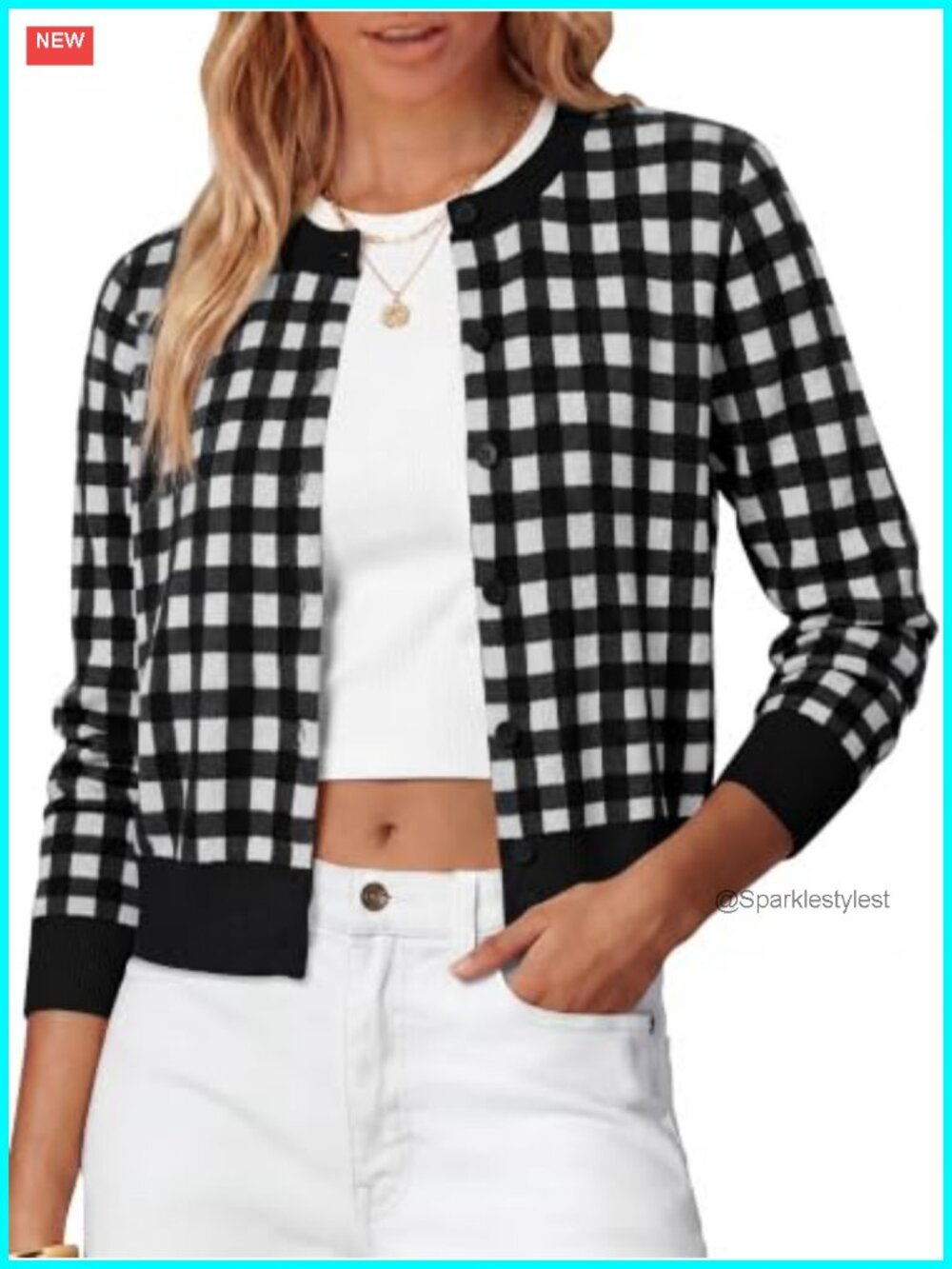 Cropped Button Up Cardigan Sweater Lightweight Knit Crew Neck